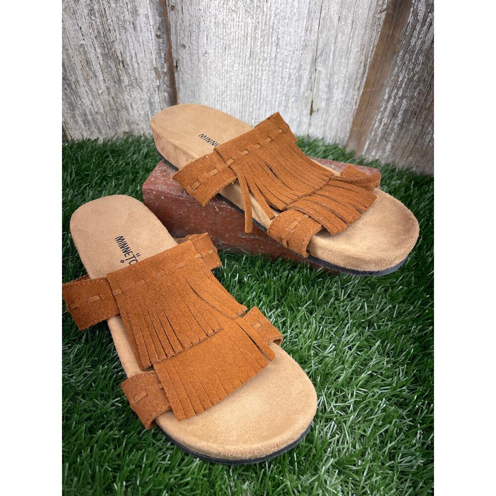 Minnetonka Daisy Suede Fringe Slide Sandals Women's 8